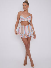 Mosaic Pattern Frill Detail Bralet & Shorts Co-ord