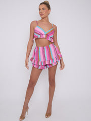 Mosaic Pattern Frill Detail Bralet & Shorts Co-ord