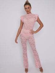 Lace Padded Shoulder Top & Fold Over Flared Trouser Co-ord
