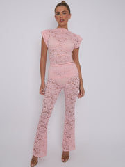 Lace Padded Shoulder Top & Fold Over Flared Trouser Co-ord