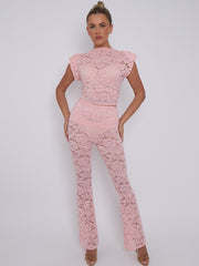 Lace Padded Shoulder Top & Fold Over Flared Trouser Co-ord