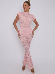 Lace Padded Shoulder Top & Fold Over Flared Trouser Co-ord