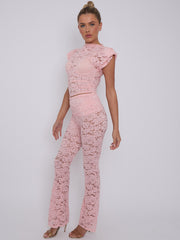 Lace Padded Shoulder Top & Fold Over Flared Trouser Co-ord