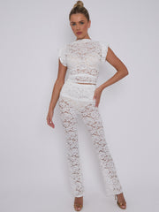 Lace Padded Shoulder Top & Fold Over Flared Trouser Co-ord