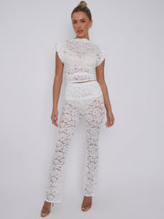 Lace Padded Shoulder Top & Fold Over Flared Trouser Co-ord