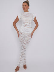 Lace Padded Shoulder Top & Fold Over Flared Trouser Co-ord