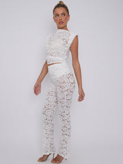 Lace Padded Shoulder Top & Fold Over Flared Trouser Co-ord