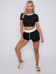 Contrast Trim Ribbed Crop Top & Shorts Co-ord
