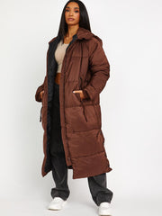 Longline Quilted Hooded Coat with Button Detail