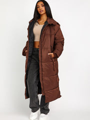 Longline Quilted Hooded Coat with Button Detail
