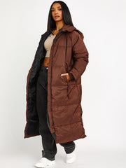 Longline Quilted Hooded Coat with Button Detail