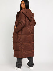 Longline Quilted Hooded Coat with Button Detail