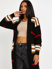 Striped Longline Knitted Open Cardigan