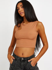 Knip schouder geribbelde crop top