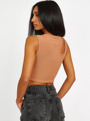 Knip schouder geribbelde crop top