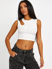 Knip schouder geribbelde crop top