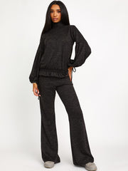 Melange Knit Balloon Sleeve Top & Flare Trouser Co-ord