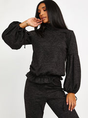 Melange Knit Balloon Sleeve Top & Flare Trouser Co-ord
