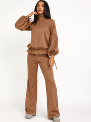 Melange Knit Balloon Sleeve Top & Flare Trouser Co-ord