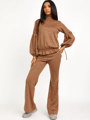 Melange Knit Balloon Sleeve Top & Flare Trouser Co-ord