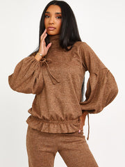 Melange Knit Balloon Sleeve Top & Flare Trouser Co-ord