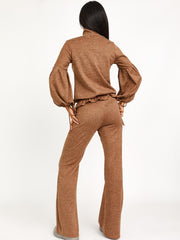 Melange Knit Balloon Sleeve Top & Flare Trouser Co-ord