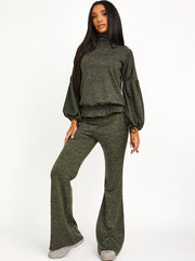 Melange Knit Balloon Sleeve Top & Flare Trouser Co-ord