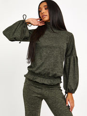 Melange Knit Balloon Sleeve Top & Flare Trouser Co-ord