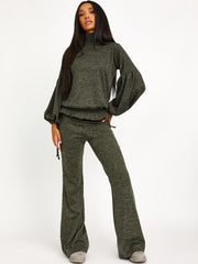 Melange Knit Balloon Sleeve Top & Flare Trouser Co-ord
