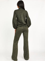 Melange Knit Balloon Sleeve Top & Flare Trouser Co-ord