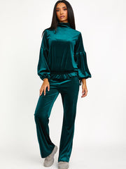Velour Balloon Sleeve Top & Flare Trouser Co-ord