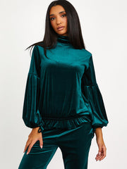 Velour Balloon Sleeve Top & Flare Trouser Co-ord