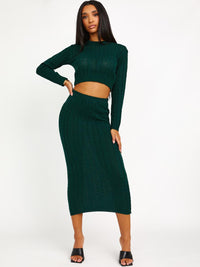 Cable Knit Crop Top & Maxi Skirt Co-ord - Bottle Green