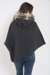 Floral Embroidered Faux Fur Hooded Poncho