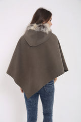 Floral Embroidered Faux Fur Hooded Poncho