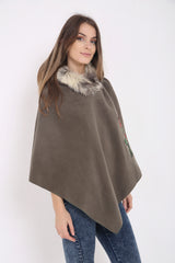 Floral Embroidered Faux Fur Hooded Poncho