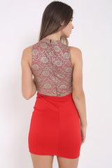 Metallic Floral Lace Overlay Bodycon Dress