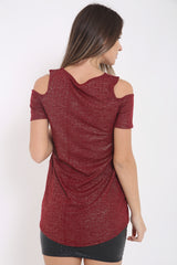 Ribbed Wrap Over Cold Shoulder Metallic Foil Top