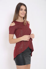 Ribbed Wrap Over Cold Shoulder Metallic Foil Top