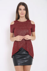 Ribbed Wrap Over Cold Shoulder Metallic Foil Top