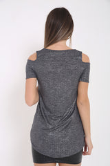 Ribbed Wrap Over Cold Shoulder Metallic Foil Top
