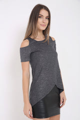 Ribbed Wrap Over Cold Shoulder Metallic Foil Top