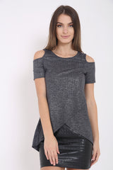 Ribbed Wrap Over Cold Shoulder Metallic Foil Top