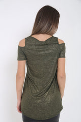 Ribbed Wrap Over Cold Shoulder Metallic Foil Top