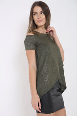 Ribbed Wrap Over Cold Shoulder Metallic Foil Top