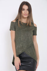 Ribbed Wrap Over Cold Shoulder Metallic Foil Top