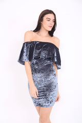 Crushed Velour Off The Shoulder Frill Bardot Dress