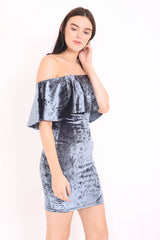 Crushed Velour Off The Shoulder Frill Bardot Dress