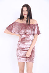 Crushed Velour Off The Shoulder Frill Bardot Dress