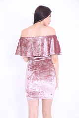 Crushed Velour Off The Shoulder Frill Bardot Dress